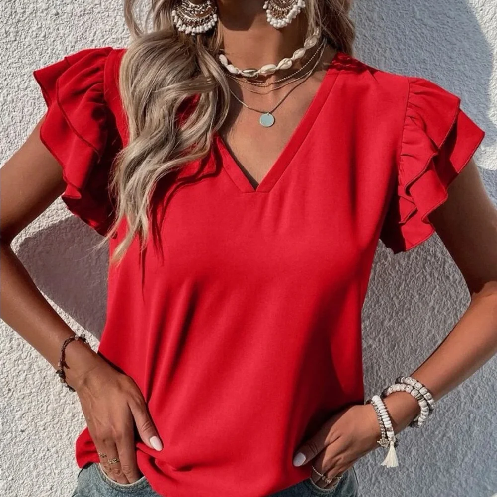 Elegant Classy Red Tiered Ruffle Butterfly Sleeve Top Blouse - Picture 3 of 11